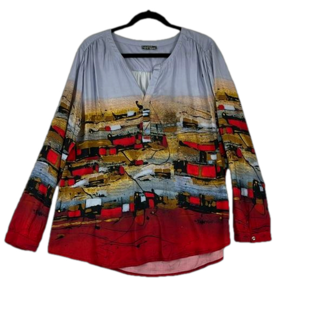 Dolcezza Simply Art Tunic-Style Blue and Red Blouse Women's Size L